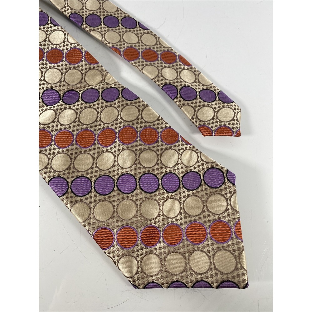 Mens Tie Geometric Abstract Circle Pattern‎ 100% Silk Irvine Park Purple Orange